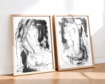 Black and White Wall Art, Set Of 2 Prints, Monochrome Print Set, Living Room Wall Decor, Charcoal Drawings, Over The Bed Art, New House Gift