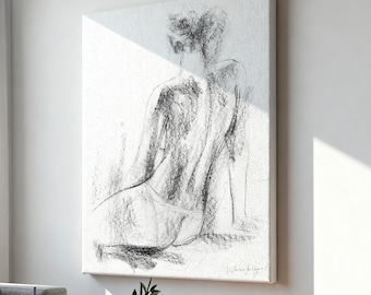 Elegant Woman Facing Back Canvas Fine Art Print, Ready to Hang Black and White Body Silhouette Artwork, Large, Oversize and Small Sizes