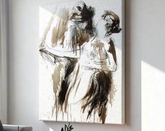 Abstract Dancing Couple Canvas Fine Art Print, Ready to Hang Romantic Man and Woman Embracing Painting, Large, Oversize and Small Sizes