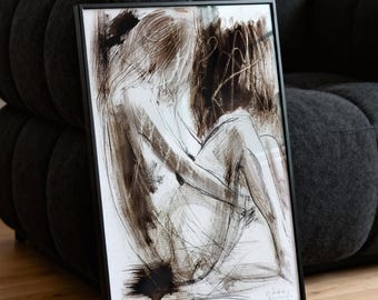 Abstract Woman Drawing Print, Timeless Living Room Wall Decor, Dark Academia Brown and White Charcoal Figure Sketch