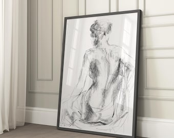 Charcoal Drawing Sketch Art Print, Minimalist Woman Facing Back Portrait, Female Figure Black and White Bedroom Wall Decor, Canvas or Paper