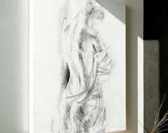 Silhouette Black & White Canvas Fine Art Print, Ready to Hang Monochrome Female Back Charcoal Drawing, Large, Oversize and Small Sizes