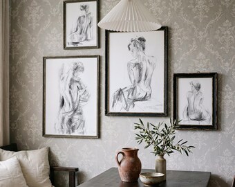 Timeless Gallery Wall Set of 4 Prints of Women Silhouette Charcoal Drawings, Black and White Sketches for Living Room, Staircase or Bedroom