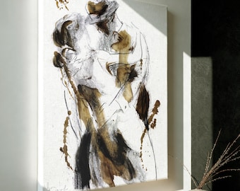 Abstract Couple Dancing Canvas Fine Art Print, Ready to Hang Man and Woman Embracing Painting, Beige and Black Color Large and Small Sizes