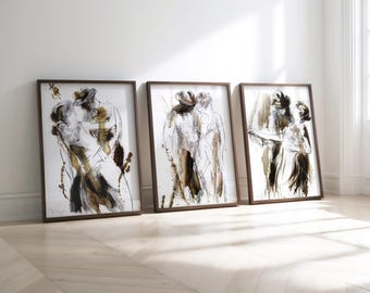 Romantisches Paar 3er Set Zeichnung Drucke, Neutrale Beige Wohnzimmer Wandkunst, Mann und Frau Tanzen Skizze, über dem Bett oder der Couch Galeriewand