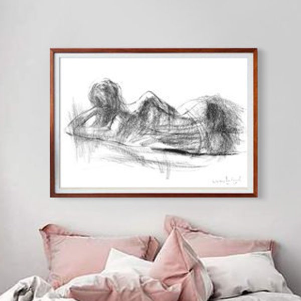 Bedroom Wall Decor, Nude Black and White Print, Female Body Silhouette Drawing, Fine Art Print, Over the bed Art, Charcoal Sketch, Wife Gift