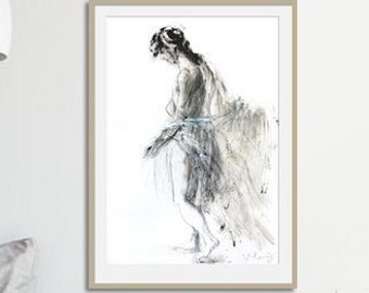 Woman Silhouette Charcoal Drawing Print, Sensual Gray Figure Wall Art Sketch, Bedroom, Vanity, Living Room Wall Home Decor