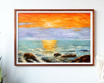 Peinture de coucher du soleil, peinture d'huile de toile, peinture d'Impasto, peinture de paysage marin, peinture originale, art de mur de coucher du soleil, peinture de mer, cadeau pour lui