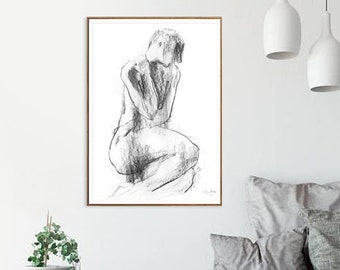 Akt Skizze, monochrome Zeichnung, Schlafzimmer Wandkunst, schwarz weiß Skizze, nackt Körper Kohle Zeichnung, weibliche Aktzeichnung, figurative Kunstwerk
