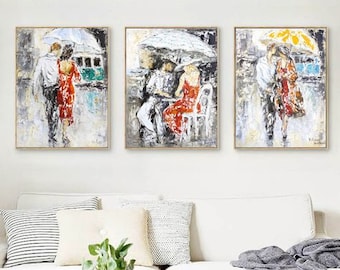 Umbrella Painting Prints Set Of 3, Living Room Wall Decor, Over Couch Wall Decor, Romantic Couple Paintings, Colorful Rain in the City Art