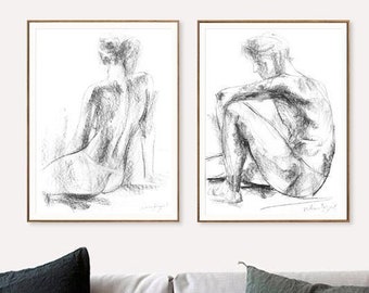 Schlafzimmer Kunstdrucke, 2er-Set Drucke, Kohle Skizzen, Paar Wandkunst, Über Bett Wandkunst, Schwarzweiß-Wanddeko