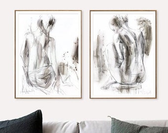 Set von zwei Drucke, Schlafzimmer Wand-Dekor, nackt Druck Set, über Bett Kunst, nackte Wand Kunstdruck, Frau Geschenk, Kohle Zeichnung, nackt Körper Drucke