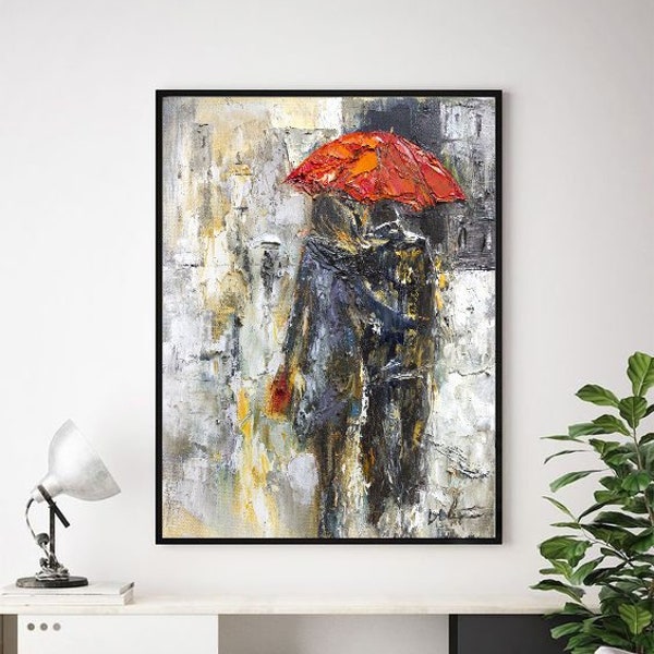 Couple with Umbrella Print, Man Woman Print, Valentines Gift, Couple Wall Art, Living Room Decor, Rain print, Gift For Her, Abstract Print