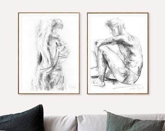 2er Set Wand Kunst Drucke, Schwarz Weiß Drucke, Mann und Frau Drucke, Kohle Körper Skizzen, sinnliche Schlafzimmer Wand Dekoration, Badezimmer Dekor
