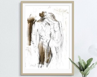 Man and Woman Wall Art, Couple Art Print, Abstract Figure Art, Couple Wall Art, Valentines Gift, Couple Drawing, Living Room Decor,Wife Gift