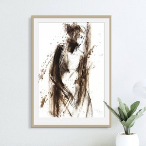 Abstract Woman Painting Print, Brown Charcoal Drawing of Female Silhouette, Modern Living Room Home Wall Decor Sketch