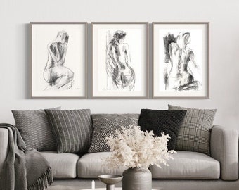 Wall Art Prints, Quiet Luxury Neutral Home Decor, Set of 3 Black and White Prints, Nude Woman Sketches, Japandi Bedroom or Dining Room Art