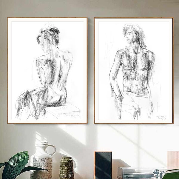 Ensemble d’impression homme et femme de 2, art mural au-dessus du lit, impressions blanches noires, impressions de couple, décoration murale de chambre à coucher, impressions de corps nu, impressions de salle de bain