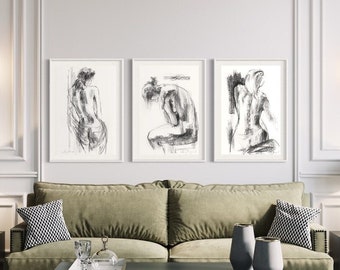 Black & White Wall Decor, Set Of 3 Nude Prints, Neutral Wall Art, Bedroom Wall Decor, Quiet Luxury Home Decor, Fine Art Posters