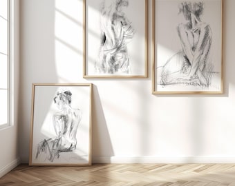 Women Silhouette Print Set of 3 in Black and White, Female Back Charcoal Sketch, Gallery Wall Art for Above Bed Decor, Japandi Interior