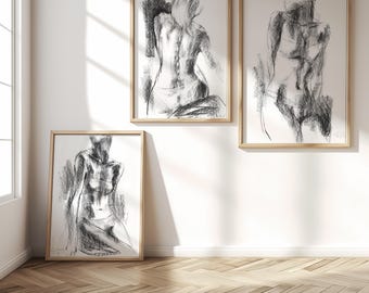 Charcoal Women Body 3 Piece Print Set, Monochromatic Black and White Master Bedroom Wall Art, Minimalist Figure Study Drawings Gallery Wall