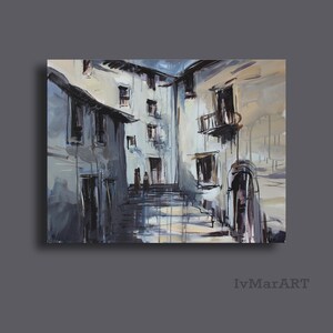 May include: A painting of a narrow street in a European city. The buildings are painted in shades of gray and white, with a few hints of brown. The street is lined with steps, and there are two figures walking up the steps. The painting has a textured, brushstroke style.