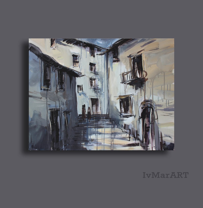 May include: A painting of a narrow street in a European city. The buildings are painted in shades of gray and white, with a few hints of brown. The street is lined with steps, and there are two figures walking up the steps. The painting has a textured, brushstroke style.