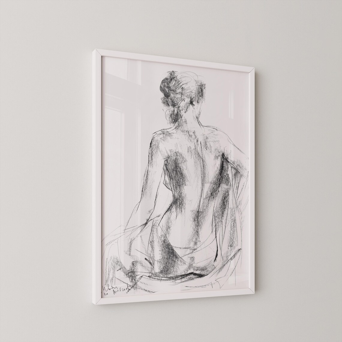 Charcoal Drawing Sketch Art Print, Minimalist Woman Facing Back ...