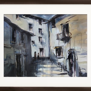 May include: A watercolor painting of a narrow street in a European city. The buildings are painted in shades of gray and brown, with a few windows and doors visible. The street is paved with cobblestones and there are steps leading up to the buildings.