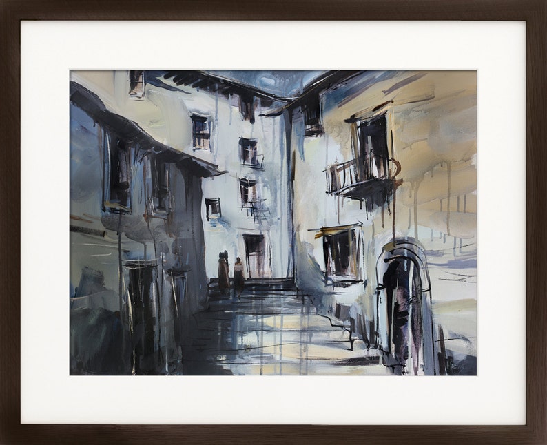 May include: A watercolor painting of a narrow street in a European city. The buildings are painted in shades of gray and brown, with a few windows and doors visible. The street is paved with cobblestones and there are steps leading up to the buildings.