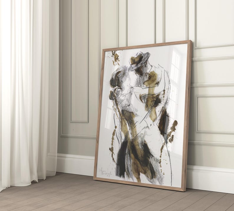Abstract Intimate Connection Frame Monochrome Couple Drawing Print, Black and White Bedroom Wall Decor ...