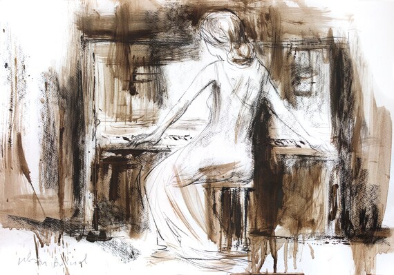 Woman Drawing Giclee Art Print Woman Sketch Piano Wall Art Modern Artwork Graphic Art Print Wall Decor Woman Print Figurative Art