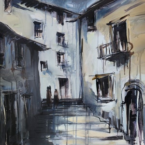 May include: A watercolor painting of a narrow alleyway in a European city. The buildings are painted in shades of gray and brown, with some white accents. The alleyway is empty, except for a few figures in the distance.