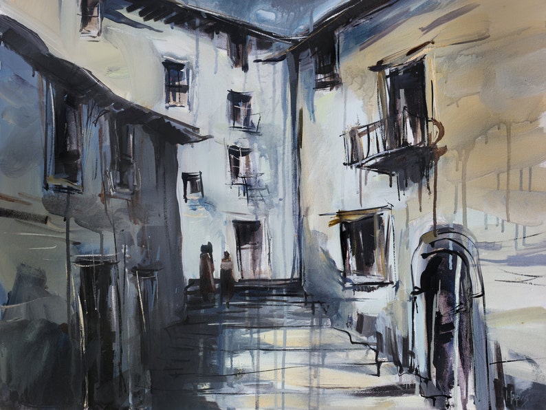 May include: A watercolor painting of a narrow alleyway in a European city. The buildings are painted in shades of gray and brown, with some white accents. The alleyway is empty, except for a few figures in the distance.
