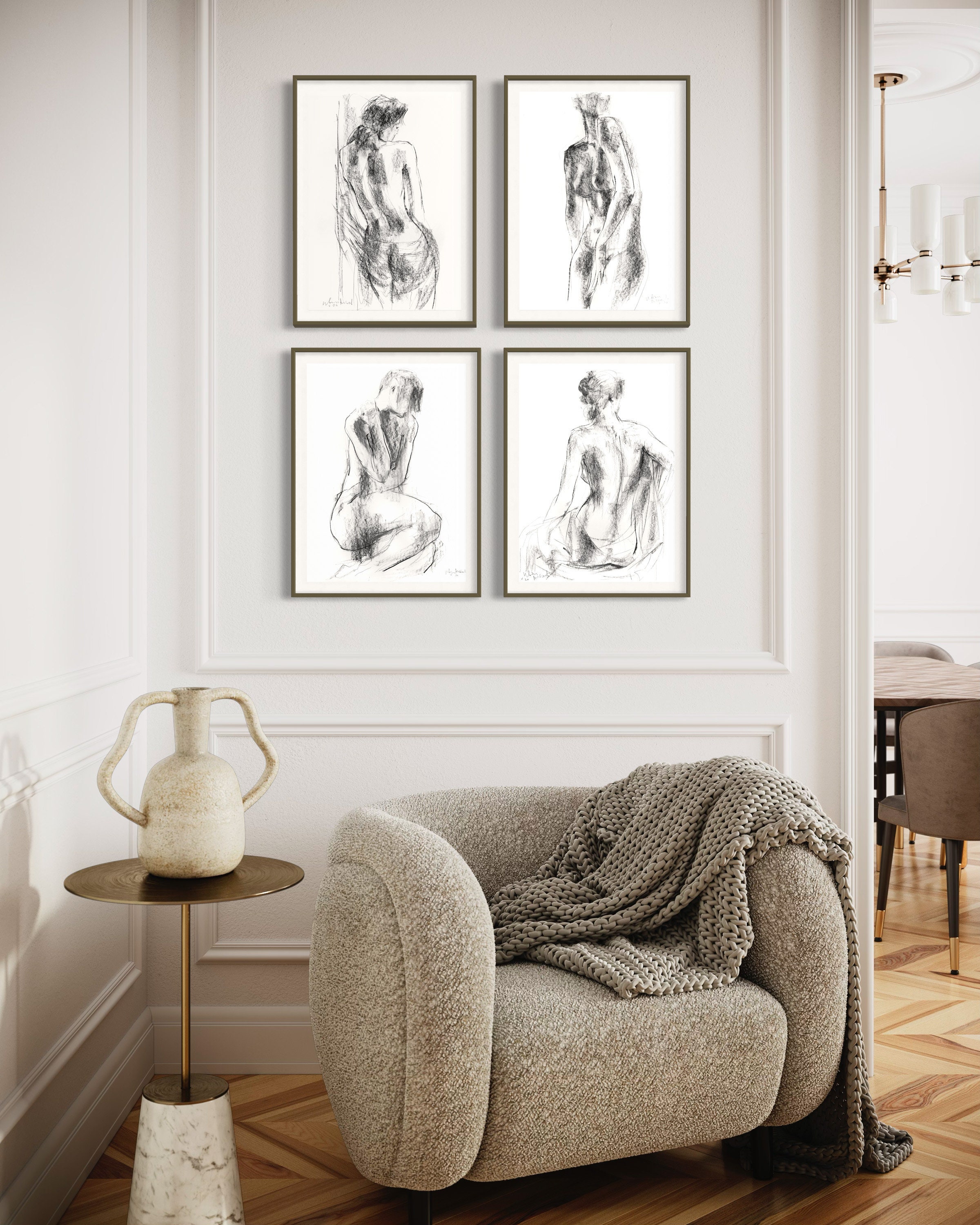 Conjunto de impresión en blanco y negro de 4 para la decoración de la pared  de la escalera de la sala de estar del dormitorio, arte de pared de mujer  desnuda sensual