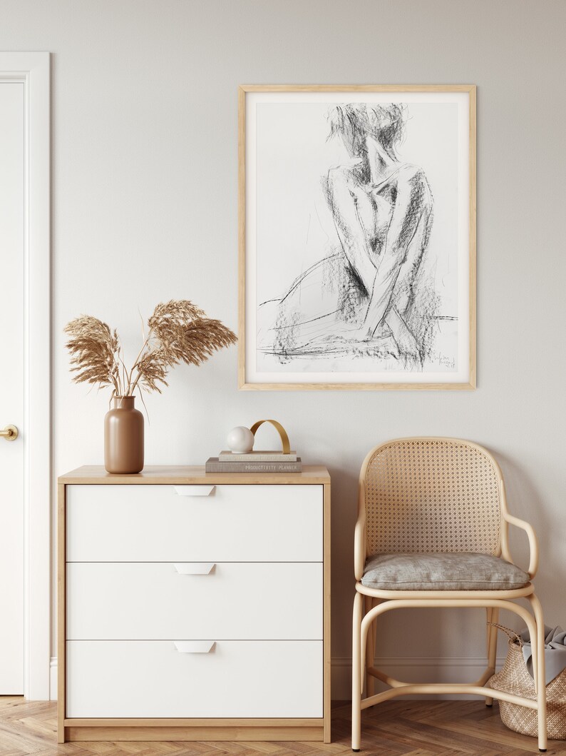 Zwartwit print kunst aan de muur print houtskool schets Etsy