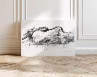 Serene Woman Silhouette Canvas Art Print, Ready to Hang Horizontal Minimalist Body Charcoal Drawing, Black and White Over Bed Wall Decor