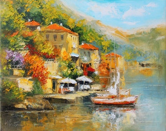 Landscape Painting Print, Mediterranean Art, Canvas Print, Summer Wall Art, Boat Print, Mediterranean Print, Nautical Print, Canvas Wall Art
