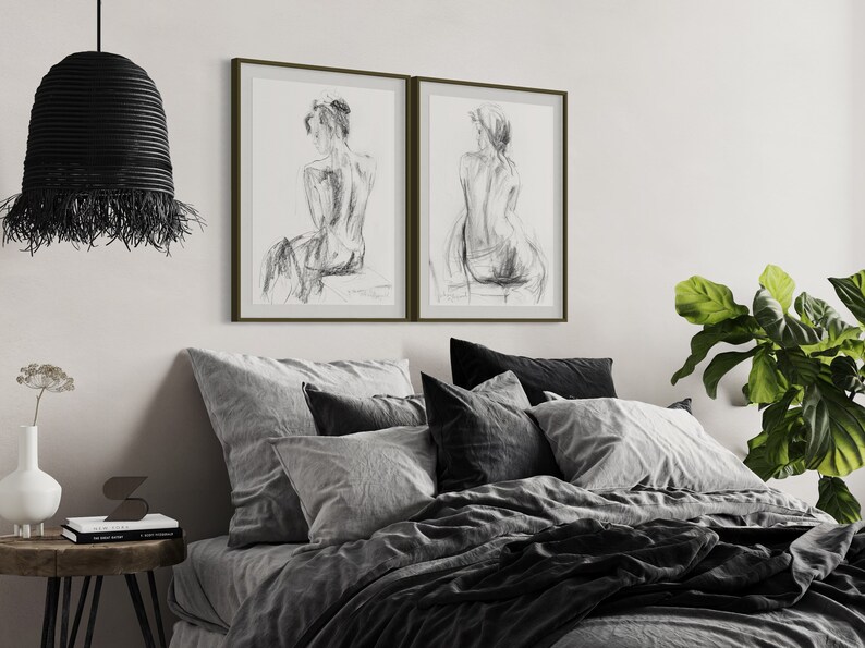 Black and White Silhouette Set of 2 Line Art Prints, Women Charcoal ...