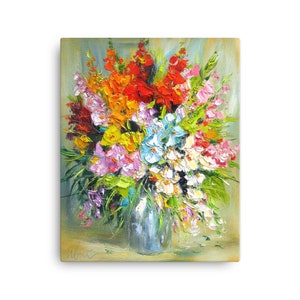 May include: A colorful oil painting of a bouquet of flowers in a vase. The flowers are a mix of red, orange, yellow, pink, white, and blue. The vase is a light blue color and has a textured surface.