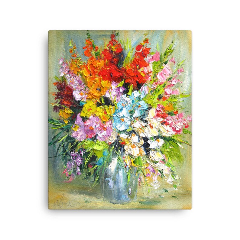 May include: A colorful oil painting of a bouquet of flowers in a vase. The flowers are a mix of red, orange, yellow, pink, white, and blue. The vase is a light blue color and has a textured surface.