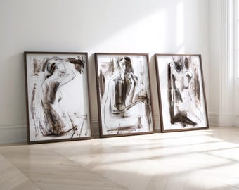 Abstrakte Frau Zeichnungen Art Print 3er Set in Braun & Weiß für Wohnzimmer oder Schlafzimmer Wand Dekoration, Kohle Skizzen für Housewarminggeschenk