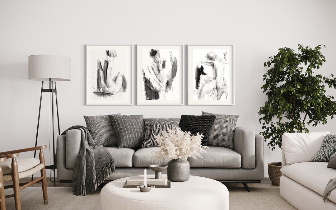 Black & White Abstract Wall Art for Living Room, Set of 3 Prints, Woman ...