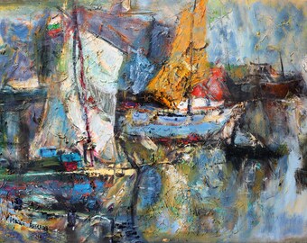 Nautical Oil Painting, Canvas Painting, Boat Painting, Impasto Painting, Palette Knife Painting, Seascape Wall art, Abstract Wall Art, Gift