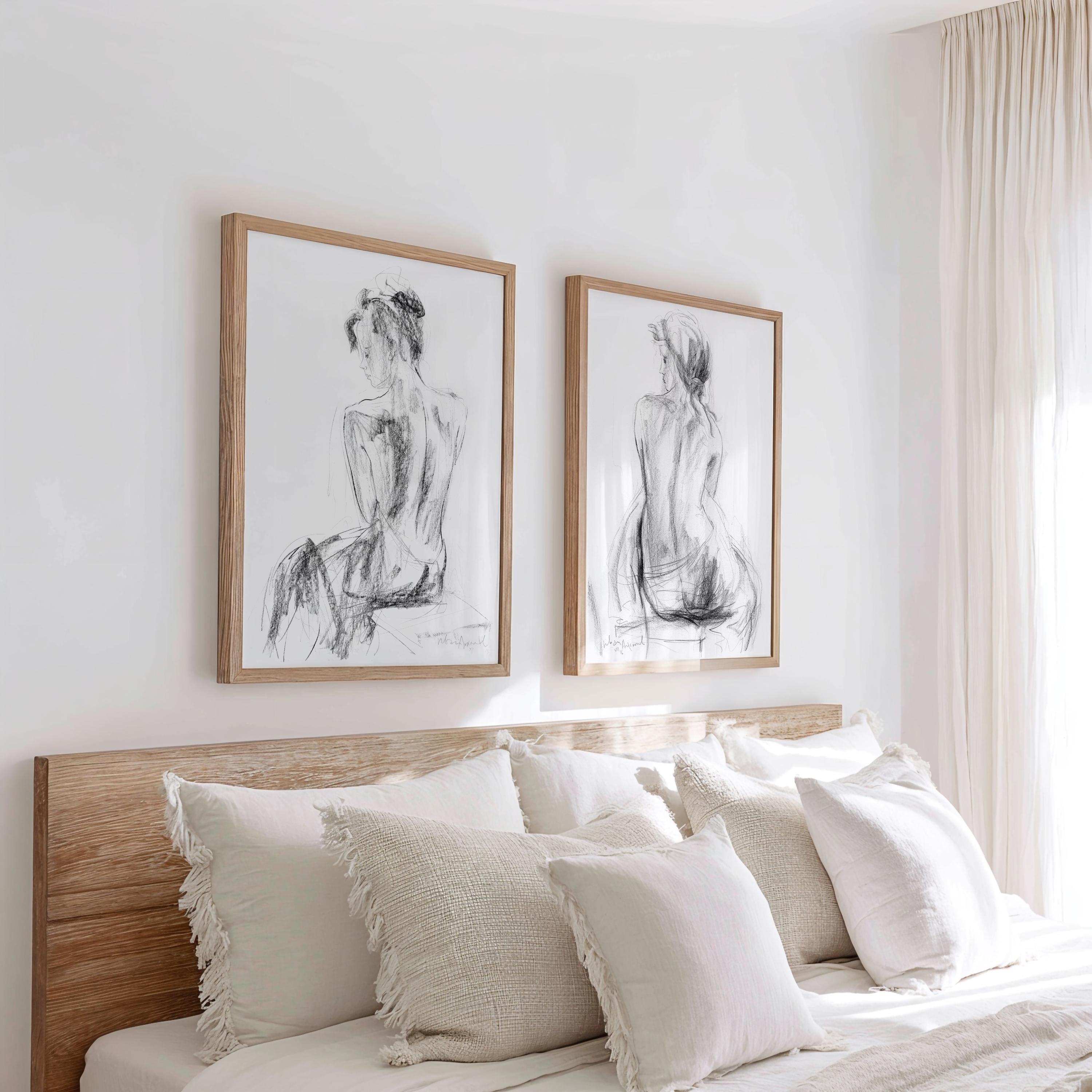 Black and White Silhouette Set of 2 Line Art Prints, Women Charcoal ...