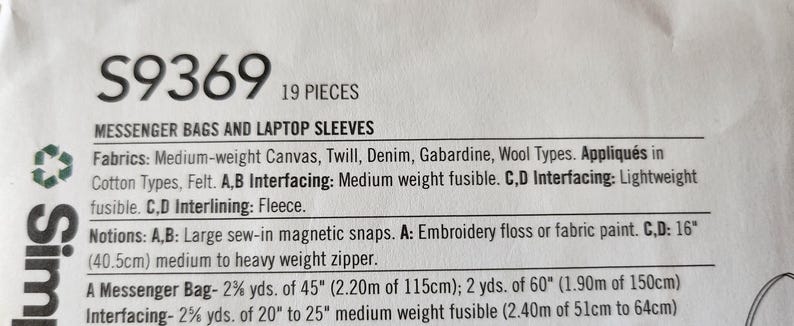Peut inclure: Un patron de couture pour sacs messagers et pochettes pour ordinateur portable. Le patron est compos&eacute; de 19 pi&egrave;ces et comprend des instructions pour l'utilisation de diff&eacute;rents tissus, entoilages et fournitures. Le patron comprend &eacute;galement des mesures en pouces et en centim&egrave;tres.