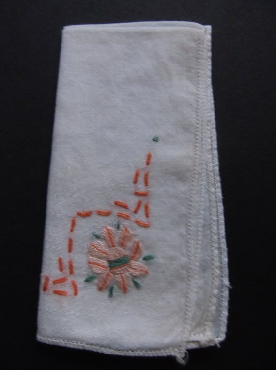 Ladies Hankie Peach Floral Hand Embroidered Hanki… - image 1