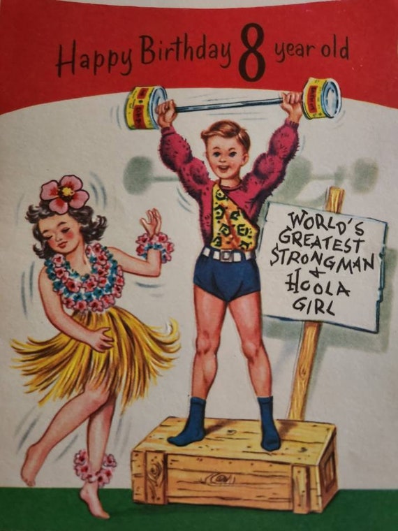 Happy Birthday 8 Year Old Illustrated Worlds Greatest Strongman and Hoola Girl Used