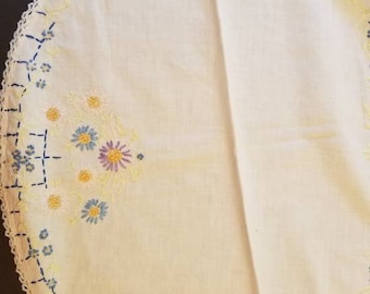 Hand Embroidered Vintage Doilie 14 by 18 Inch Blue and Purple Floral Pattern