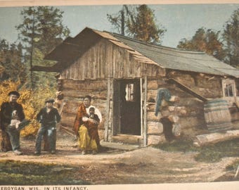 Sheboygan, Wisconsin Log Cabin Scene Linen Postcard Used